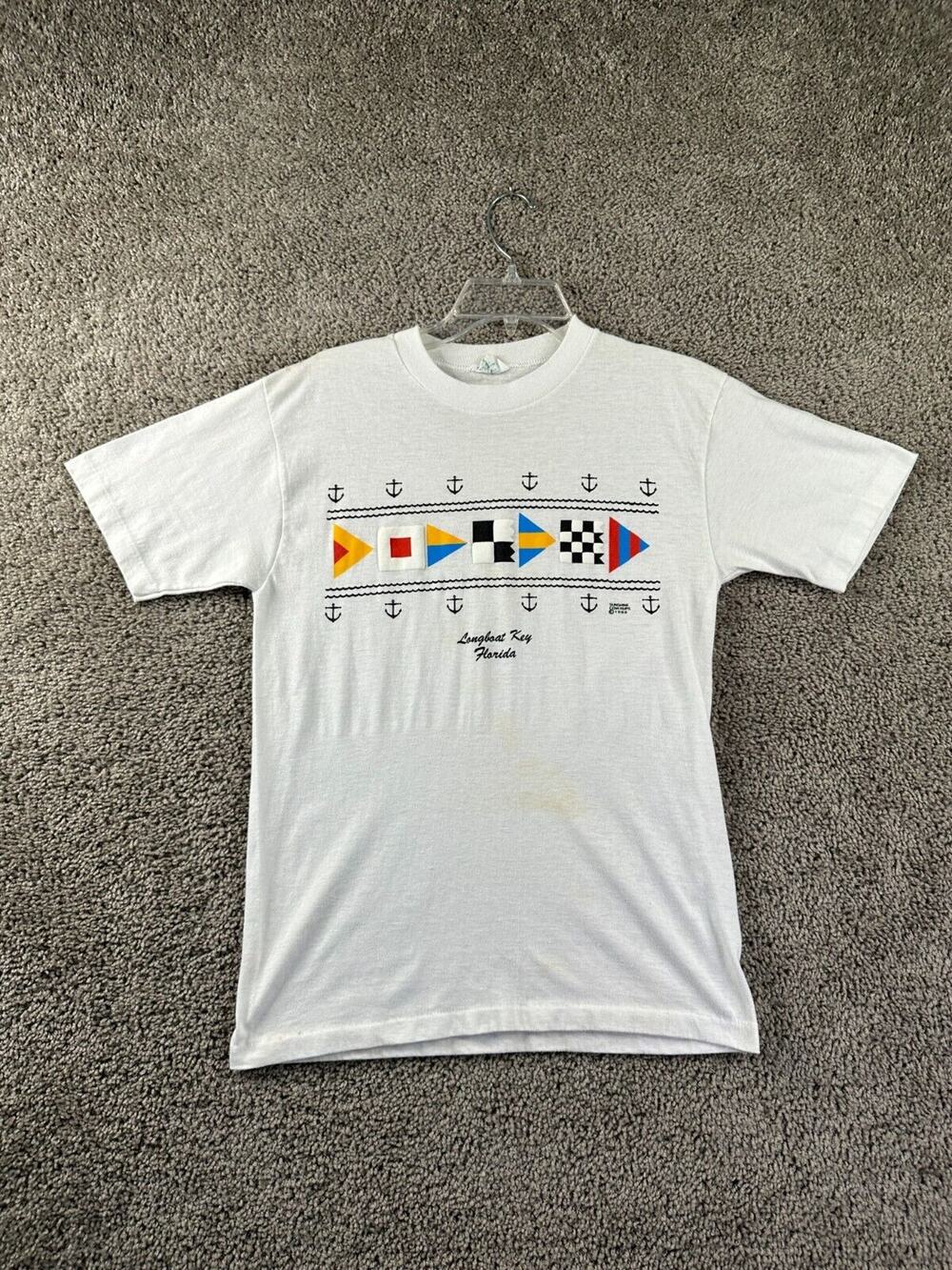 VINTAGE 80s Florida Shirt Mens Large White Single Stitch Sailing Pennants FLAW